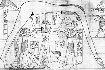 Figura 2. Papiro Greenfield, Shu, al centro sopra a Geb (la terra) mentre sostiene Nut (il cielo)
